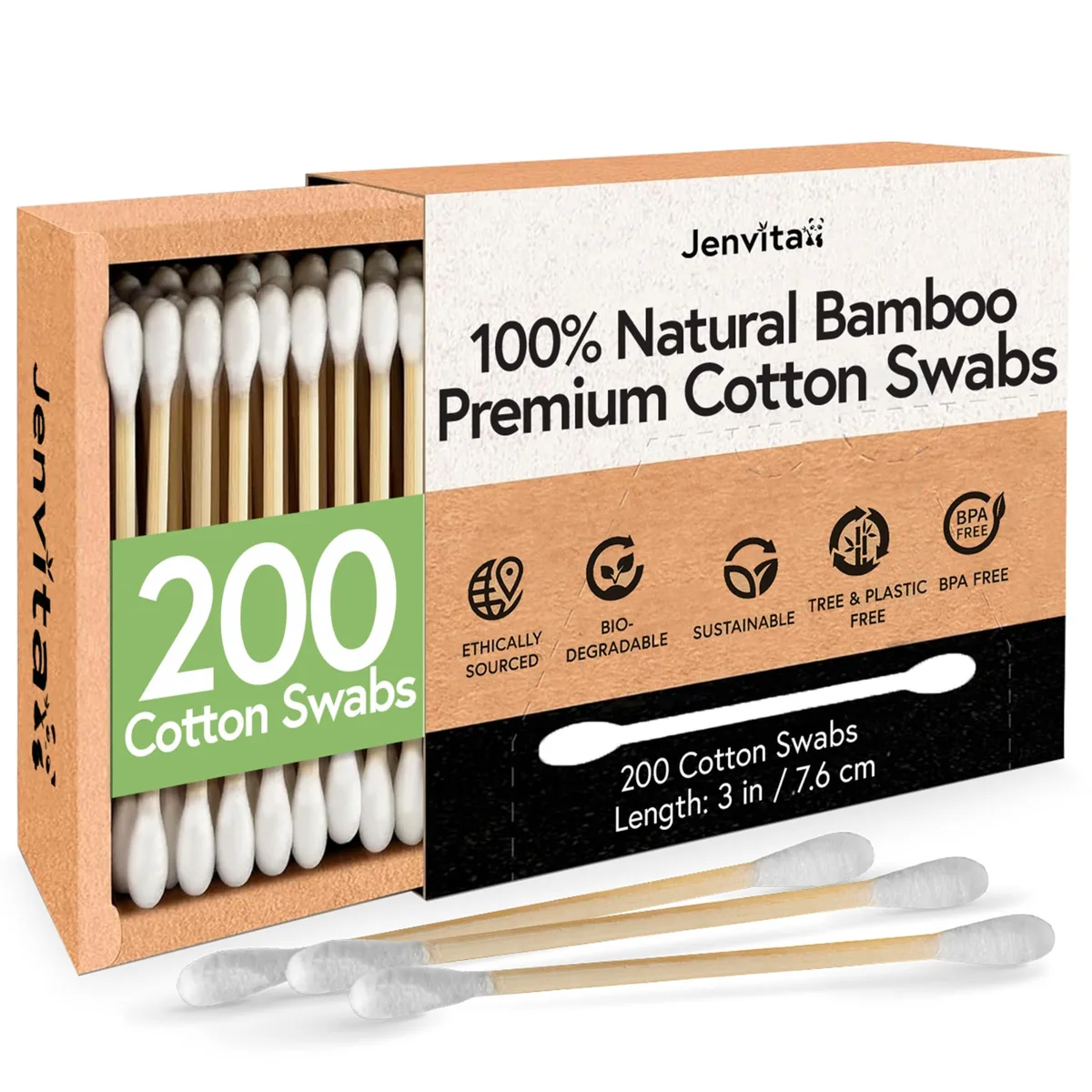 Cardboard box holding 200 bamboo cotton swabs with white tips