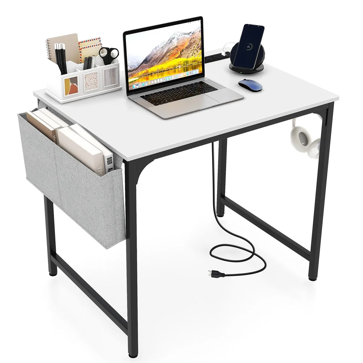 White rectangular desk with black metal frame, built-in power strip and side storage bag