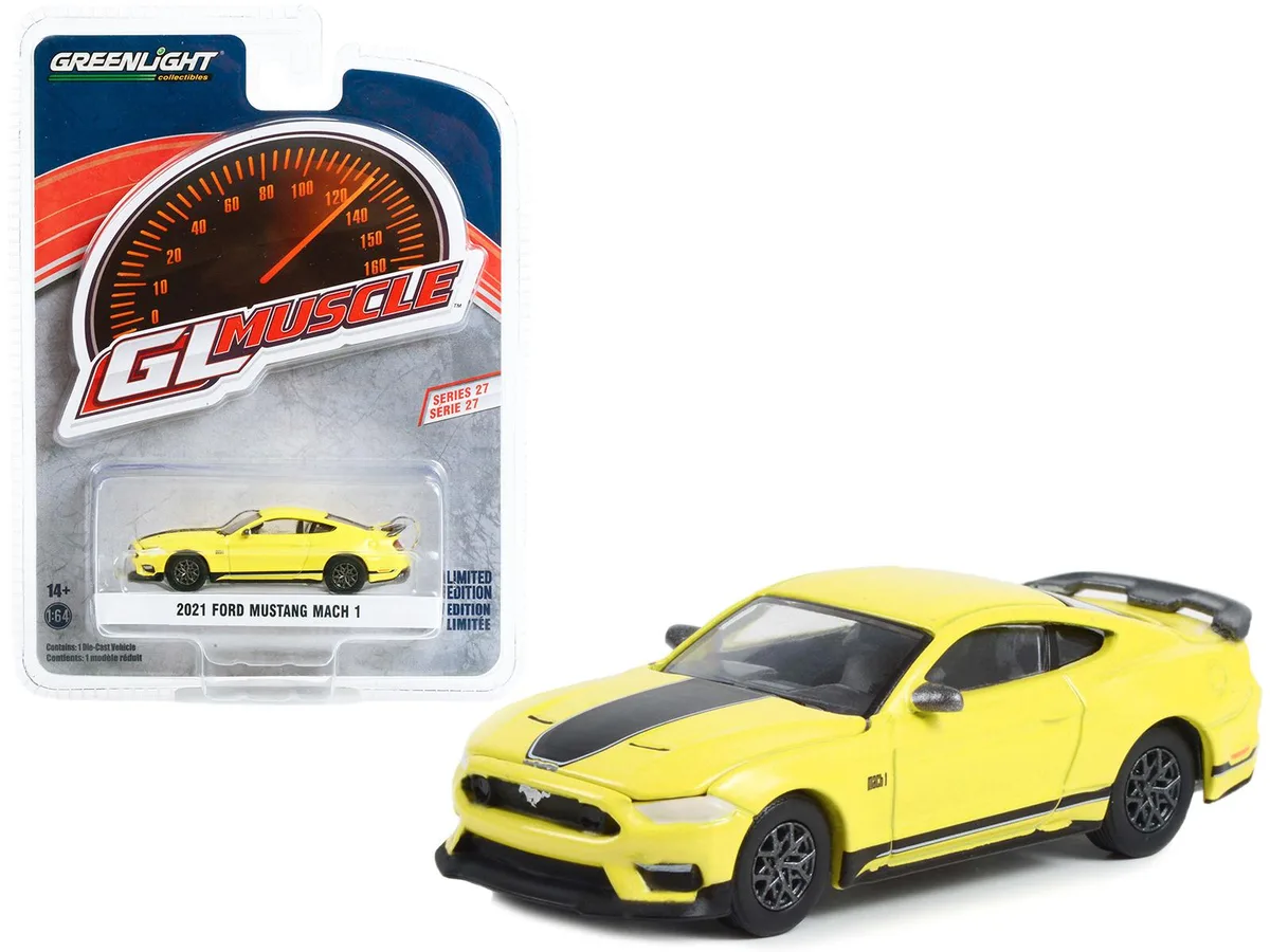 GREENLIGHT GREENLIGHT 2021 Ford Mustang Mach 1 Grabber Yellow with Black Stripes Series 27 1/64 Diecast Hobby Collectible — product photo