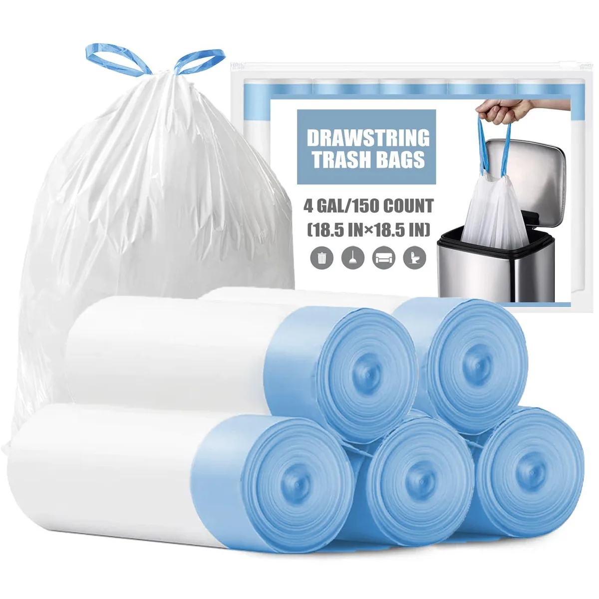 White drawstring trash bags on a roll, 150 count, 4 gallon capacity