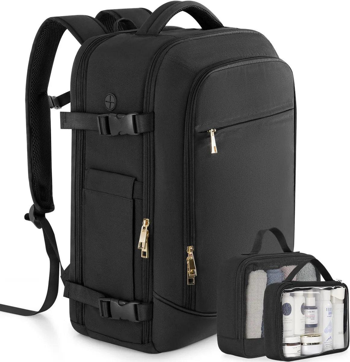 Black 40L carry-on backpack, rectangular nylon form, padded straps and top handle