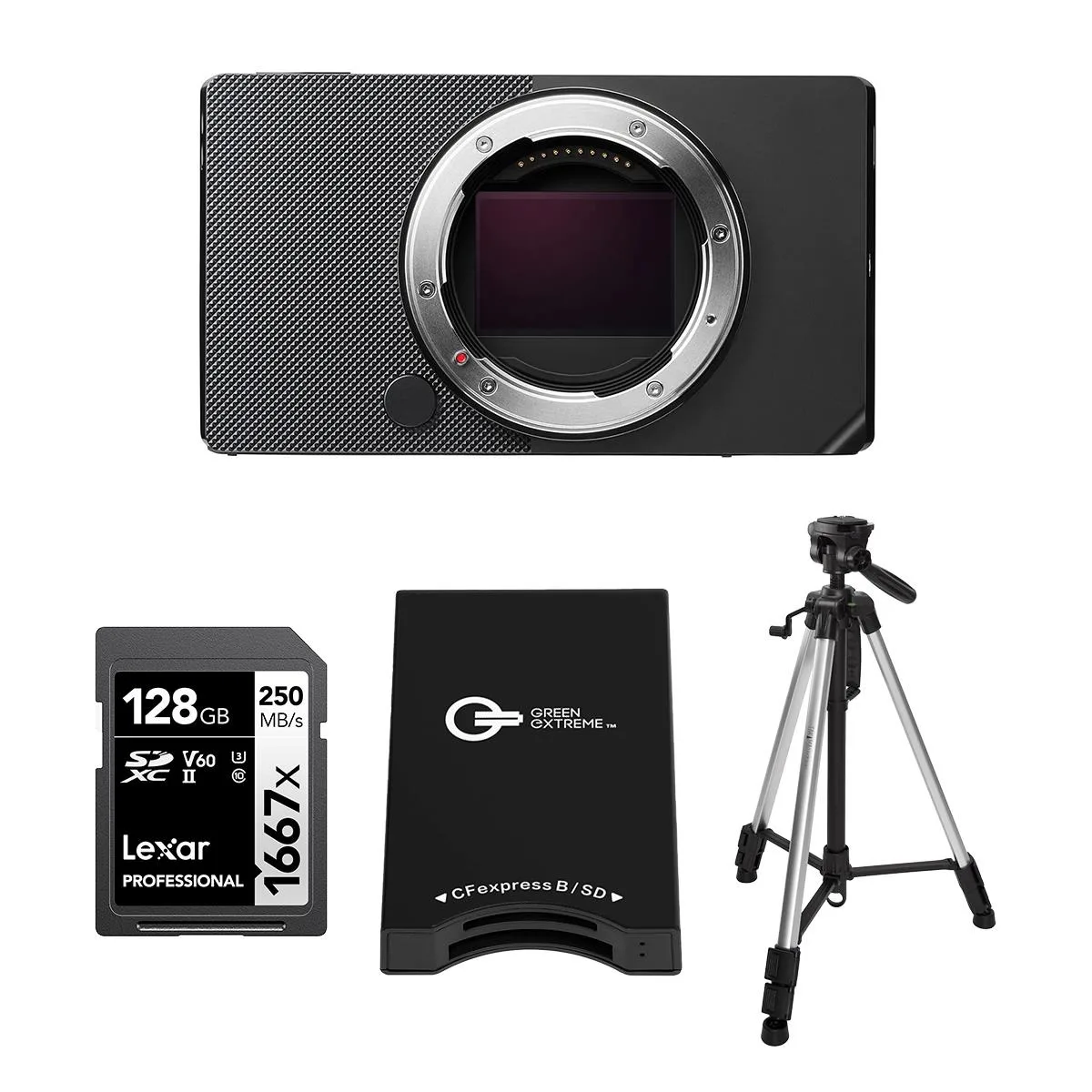 Black compact mirrorless camera with aluminum tripod, card reader and 128GB SDXC card