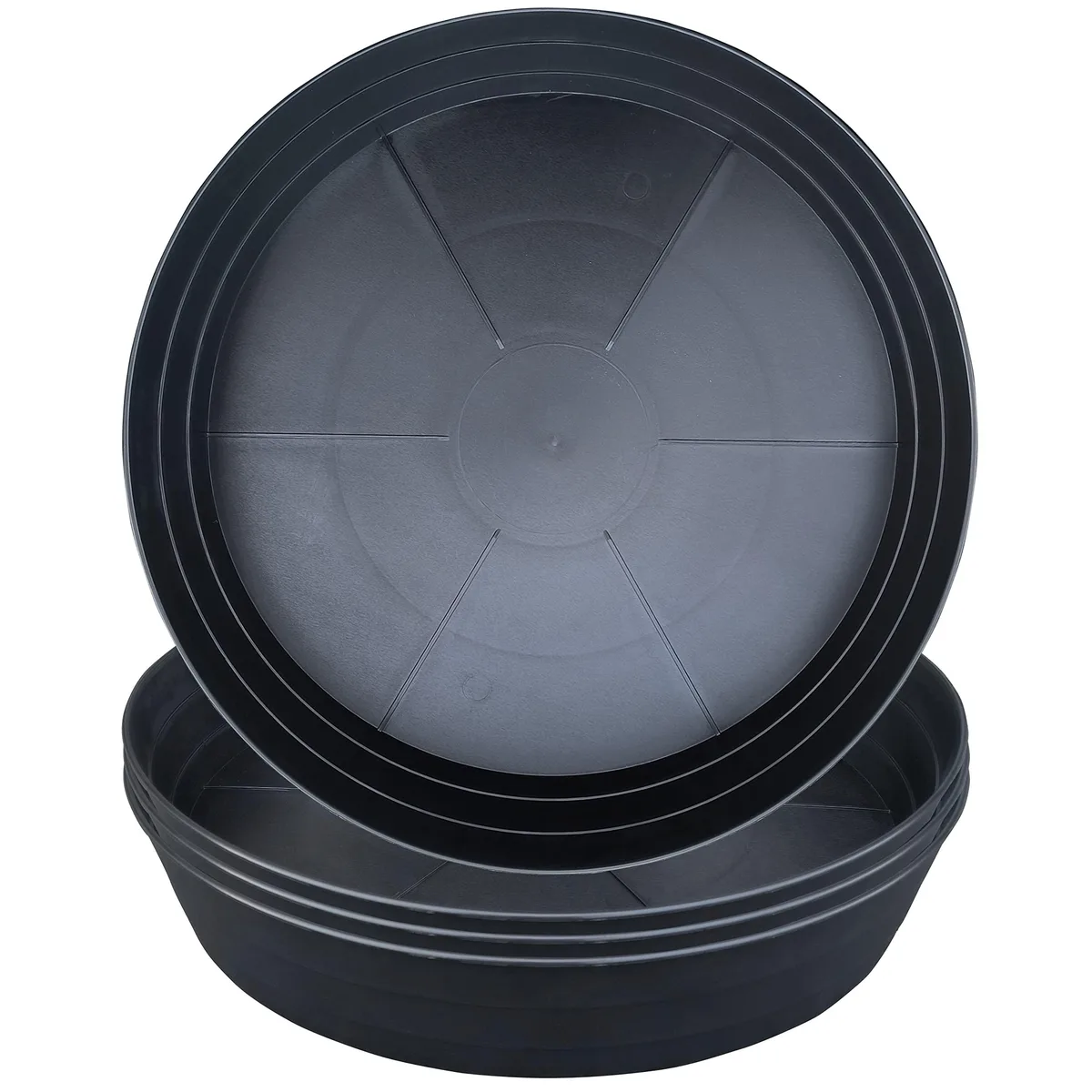 Four black 10-inch extra-deep plastic plant saucers, 1.7-inch depth, smooth matte finish, stacked together