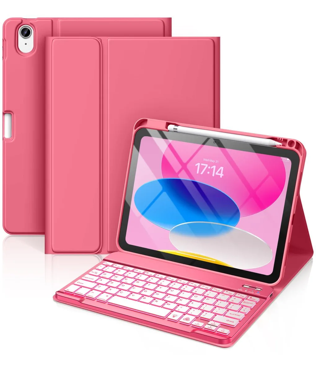 Pink wireless keyboard case for 11 inch iPad with detachable magnetic keyboard and adjustable stand