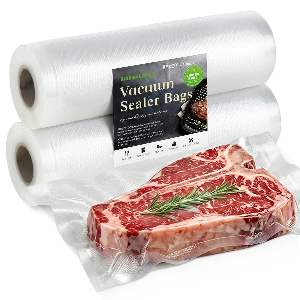  FoodSaver xinbaolong Vacuum Sealer Bags 8"x20' Rolls 2 Pack FDJ-18 — product photo