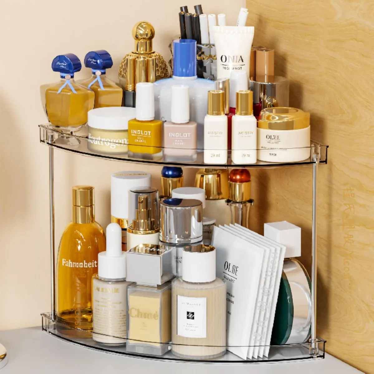 Clear two-tier triangular corner shelf with polished chrome rods and transparent trays