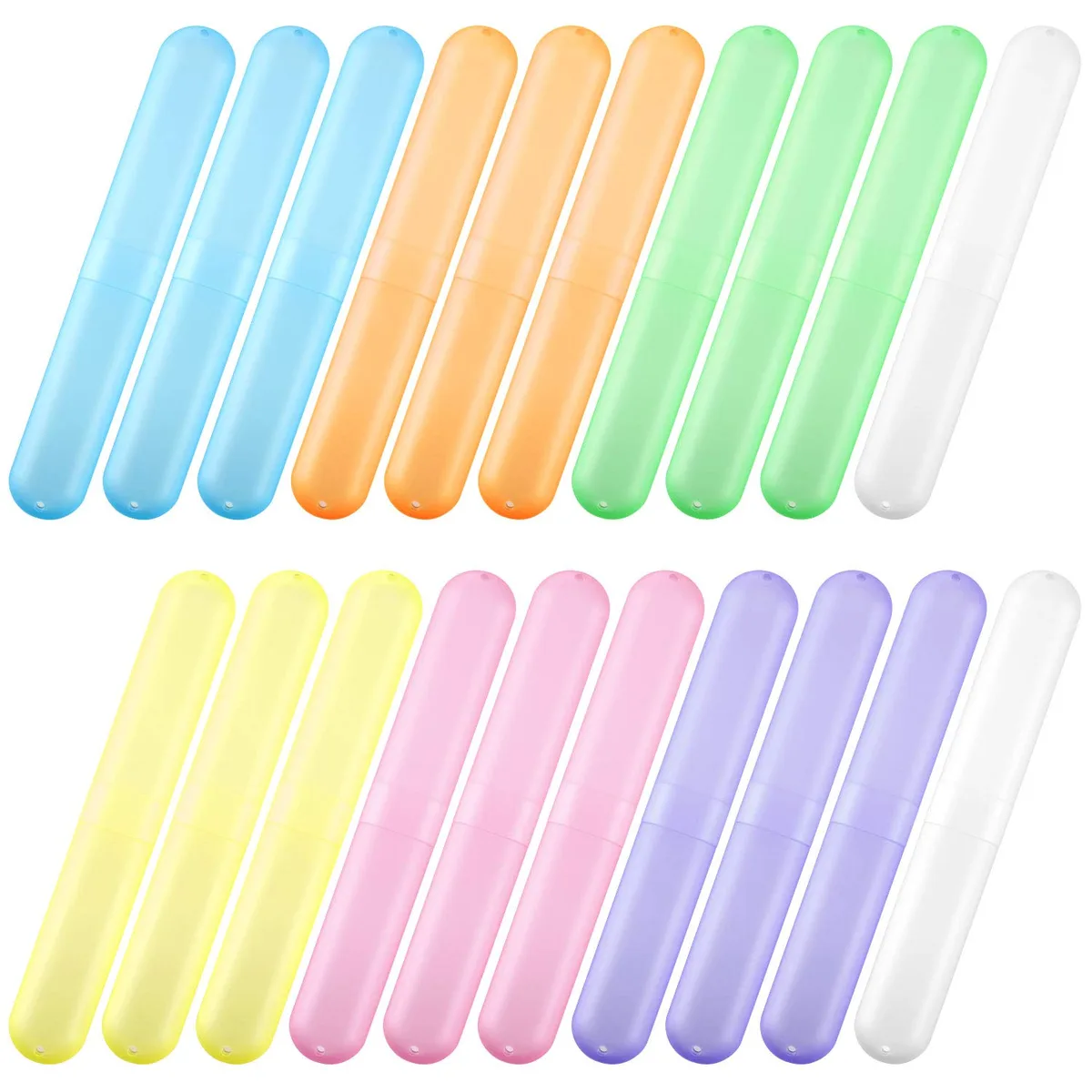 Twenty plastic toothbrush cases in bright colours, each with ventilation holes, packed in a clear bag