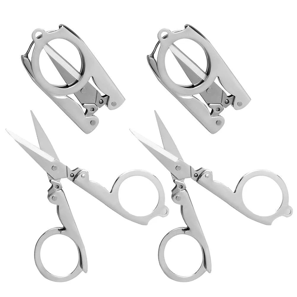 Four silver stainless steel folding scissors shown open and closed