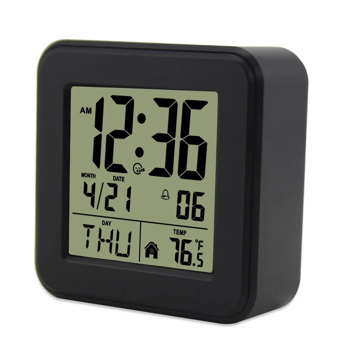 Small black digital desk clock with LCD screen and backlight
