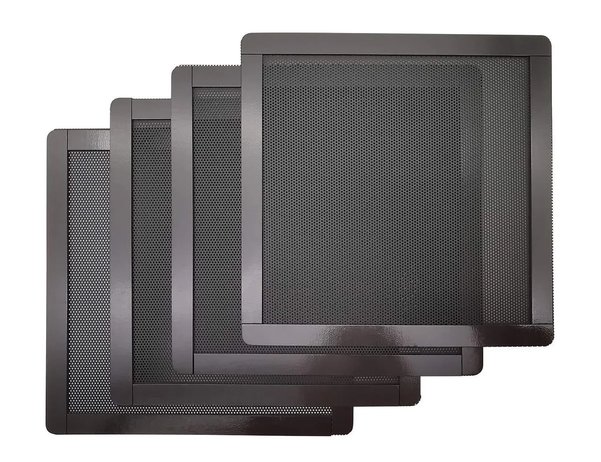 Four square black mesh filters with magnetic frames, each 140 by 140 millimetres
