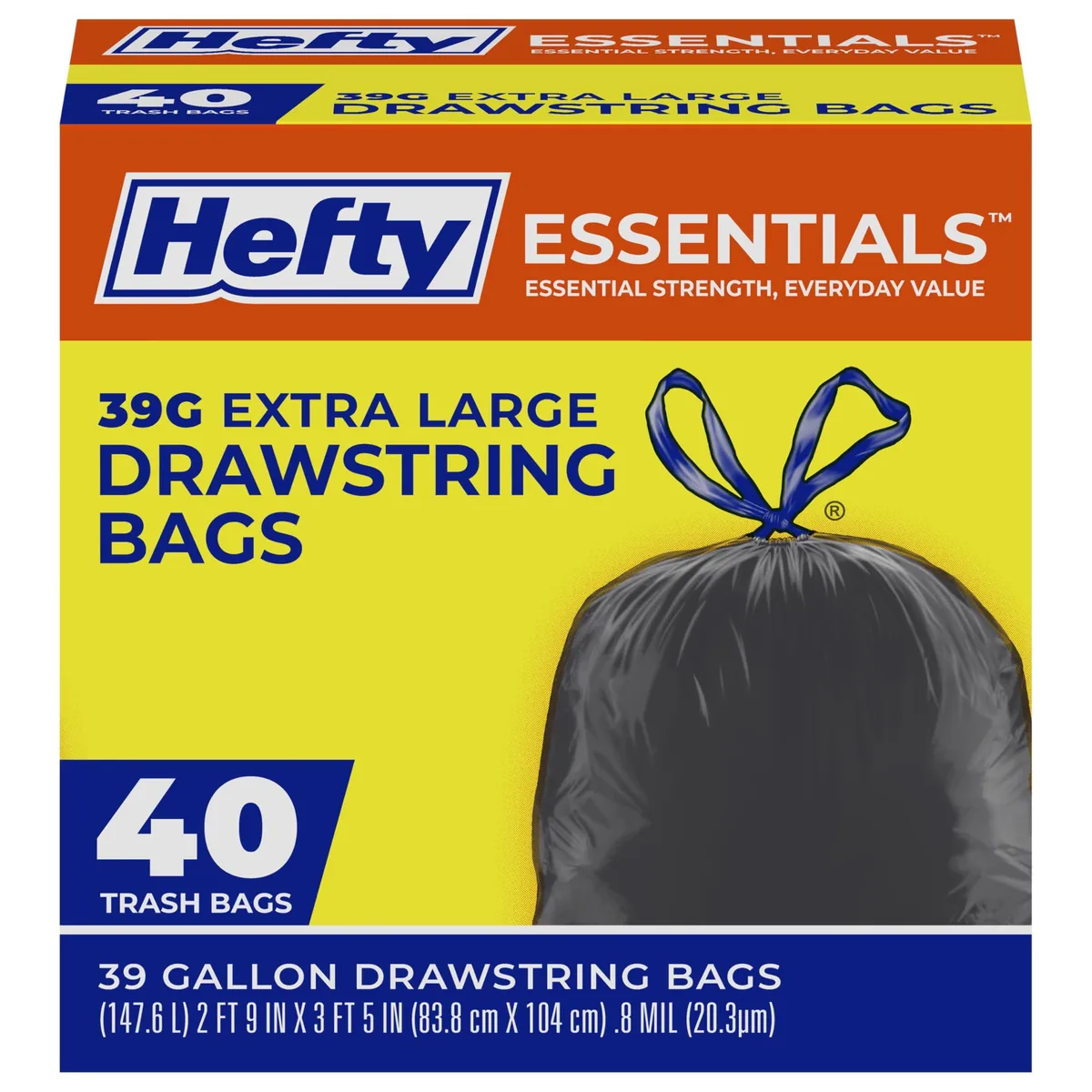 Box of 40 black 39-gallon drawstring trash bags