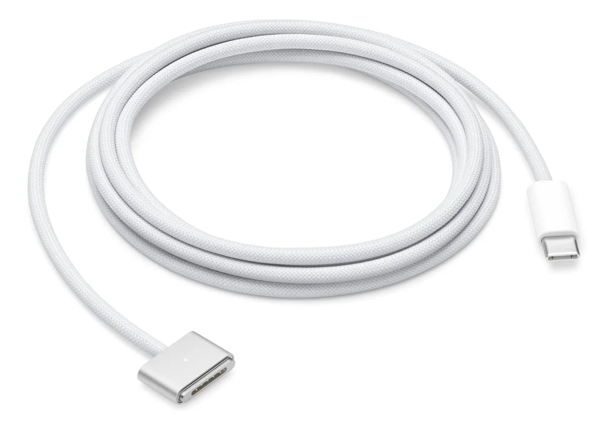 White braided USB-C cable with magnetic MagSafe 3 connector, two metres long