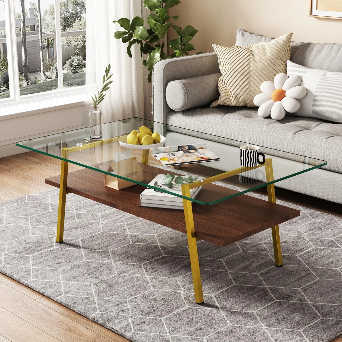 tuphen tuphen Rectangle Coffee Table Tempered Glass Gold Metal Legs Transparent 38.58"L x 22.84"W x 16.73"H 220lbs — product photo