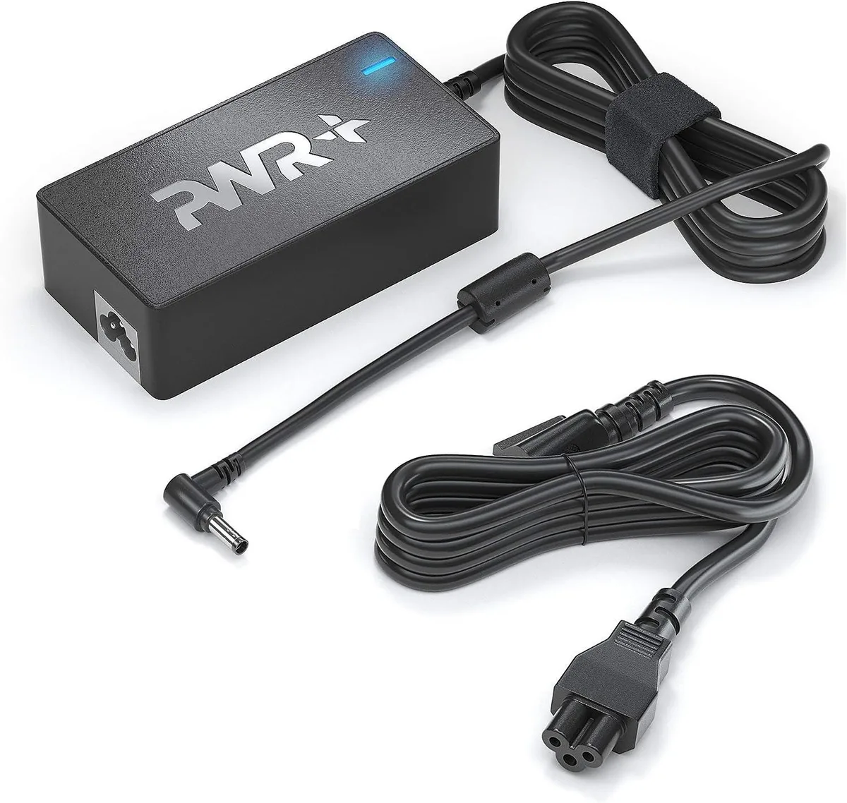Black rectangular power brick with long detachable cord