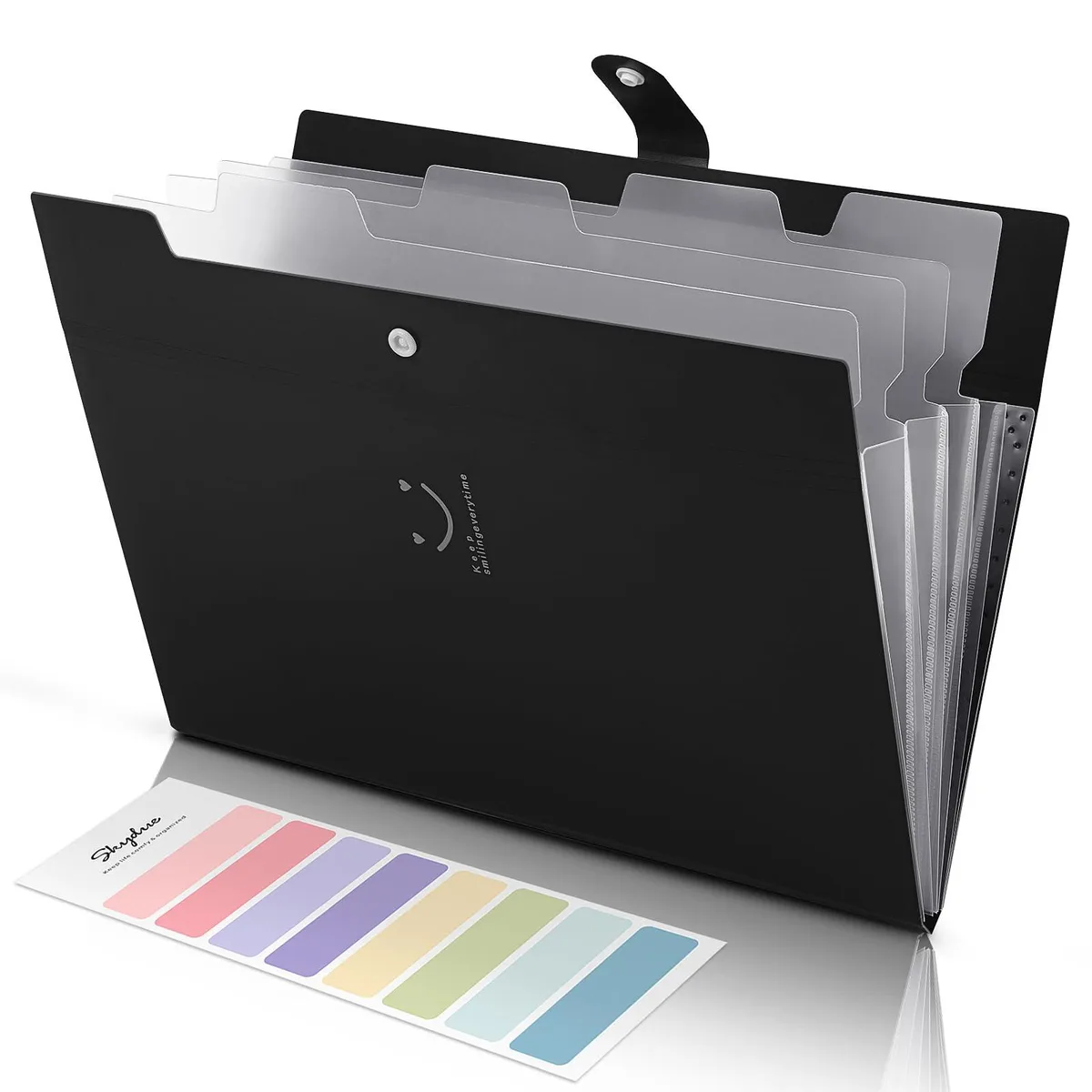 Black polypropylene accordion file folder with five expandable pockets and label tabs