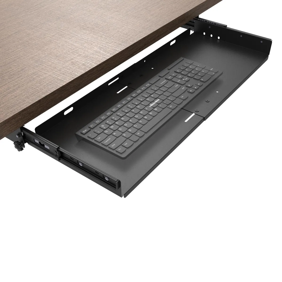 Black metal sliding keyboard tray, 27 by 9.8 inches, mounts under desk