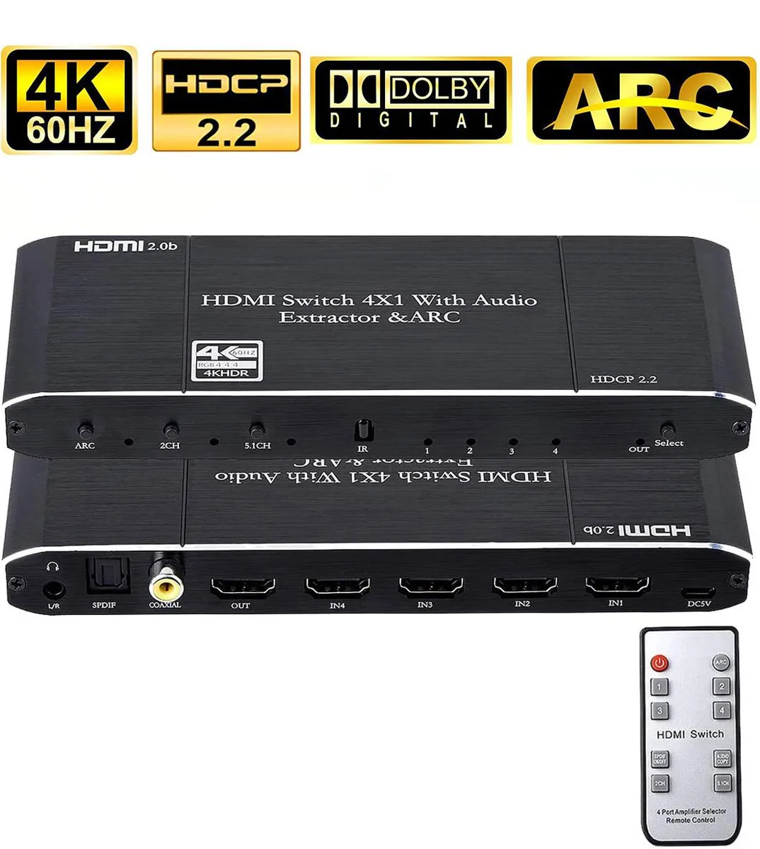 ESTONE ESTONE OZQ9 4x1 HDMI 2.0 4K 60Hz Switch with ARC &amp; Audio Extractor — product photo