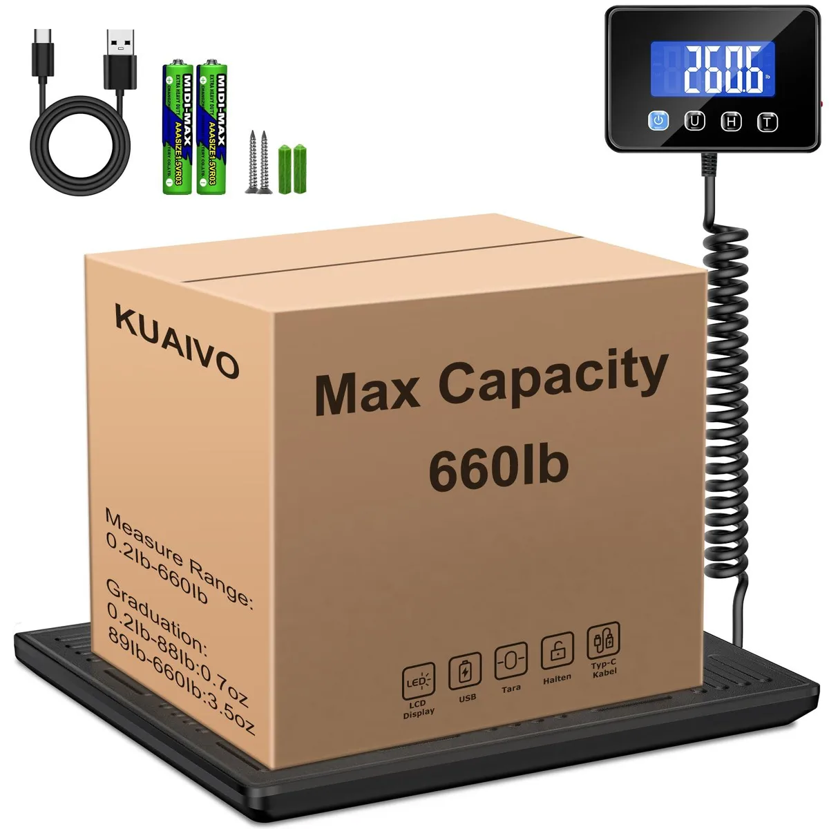 Black handheld digital scale with LCD display, retractable hook and wall-mount slots