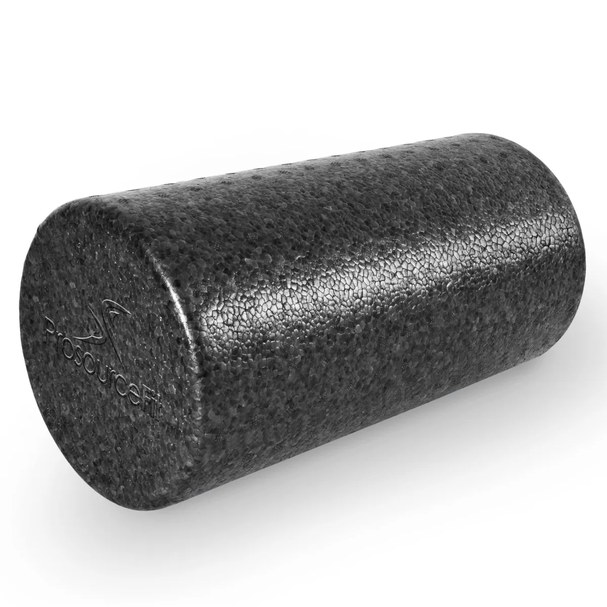 Black cylindrical high-density foam roller, 12 by 6 inches, lightly textured surface