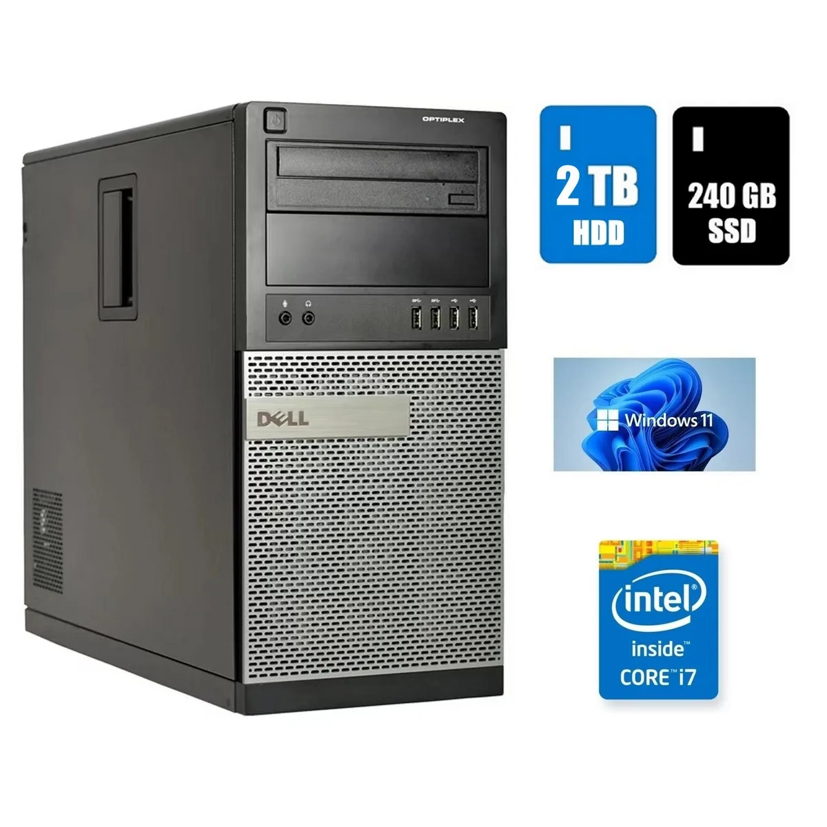 DELL DELL OptiPlex MT Desktop PC Intel Core i7 4th Gen 3.2 GHz 32GB DDR3 240GB SSD 2TB HDD Windows 11 Pro — product photo