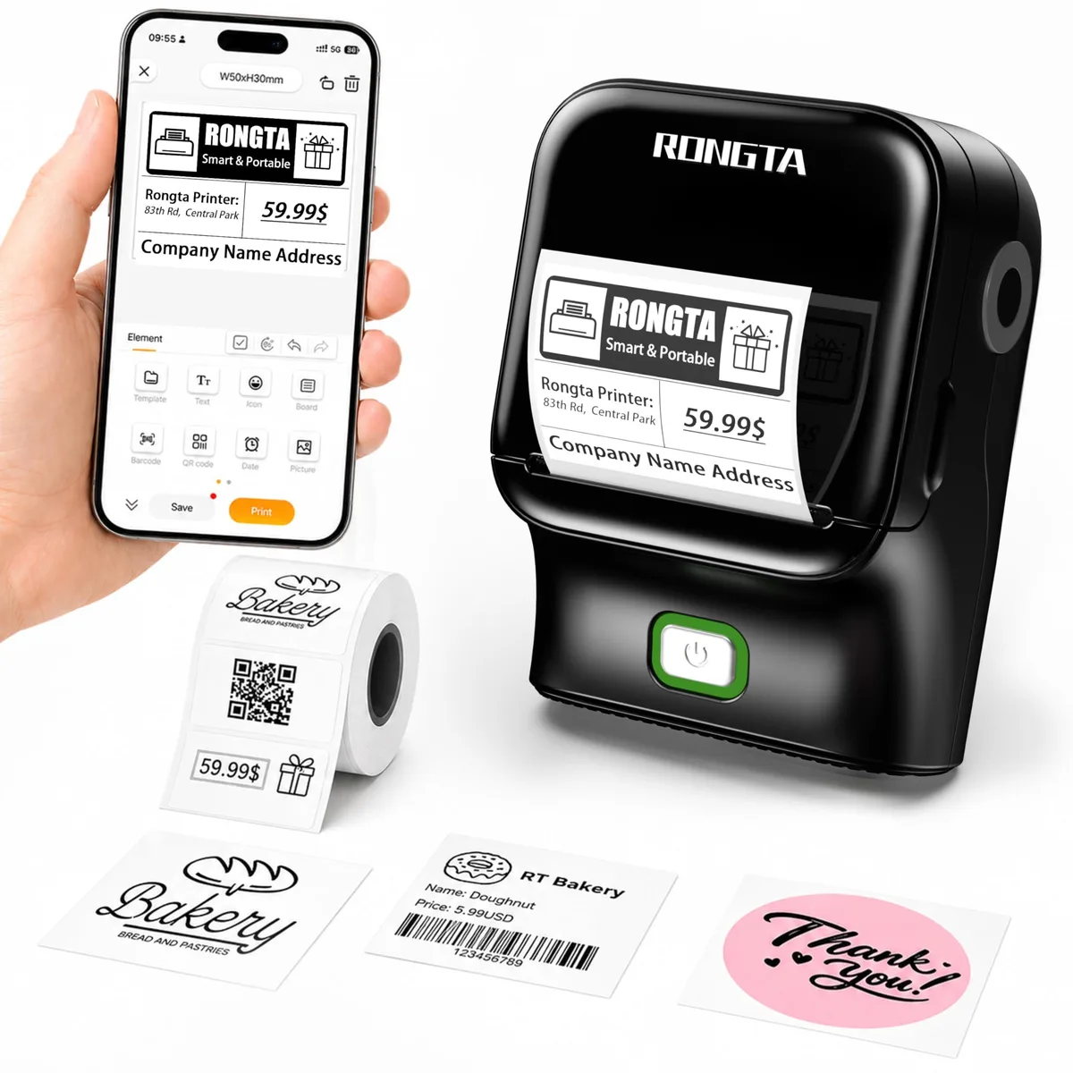 Compact black label printer with white label roll inside