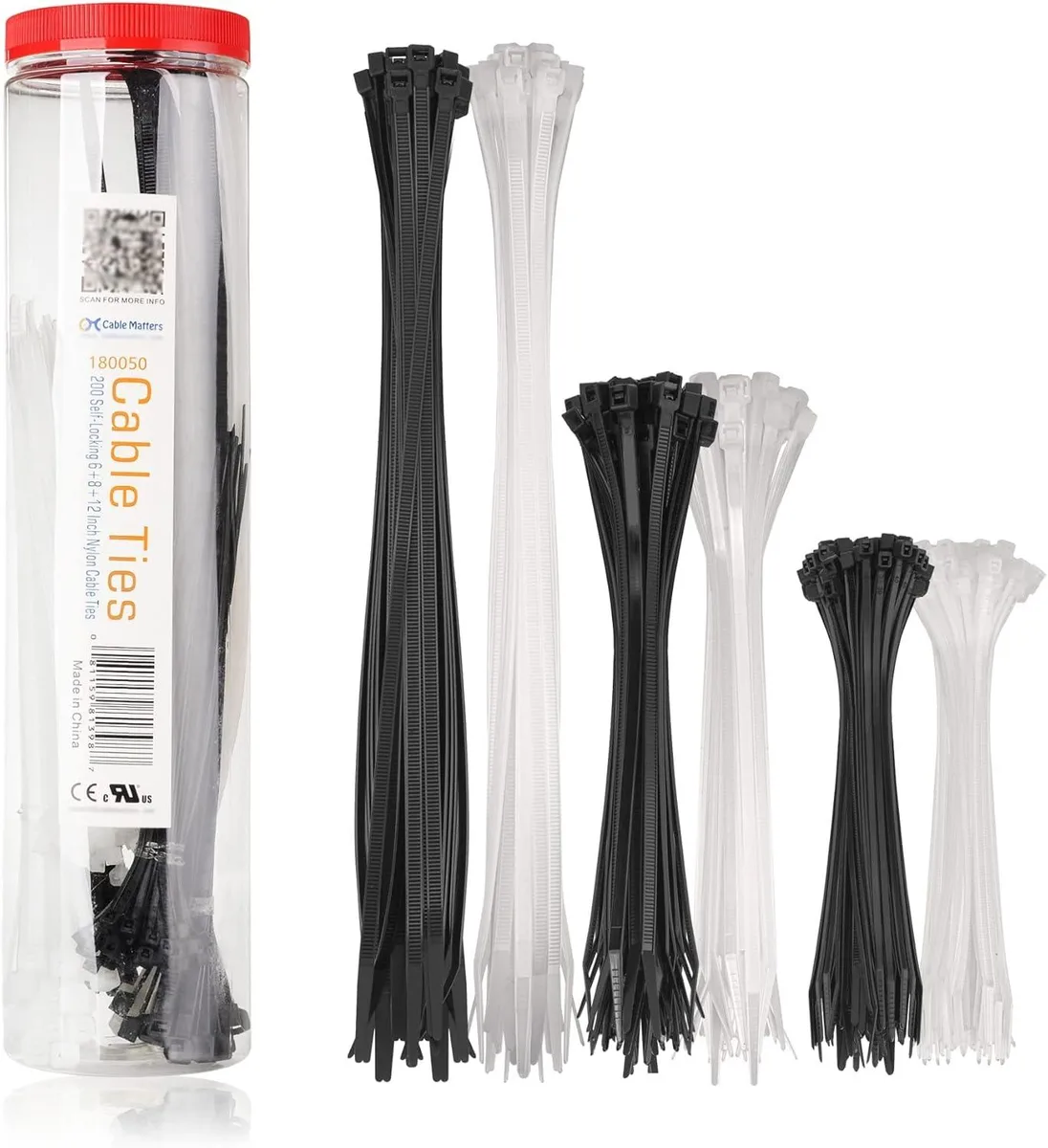 Ennovor Ennovor 200-Pack Cable Ties 6 8 12-Inch Self-Locking Nylon Zip Ties Assorted Sizes Black White — product photo