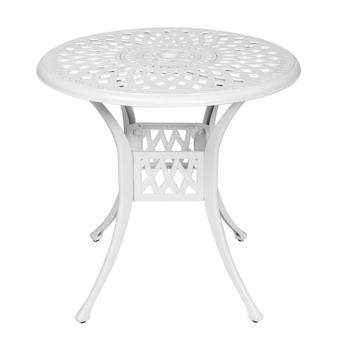White round cast-aluminium bistro table 31 inch diameter 29.5 inch high with 2 inch umbrella hole
