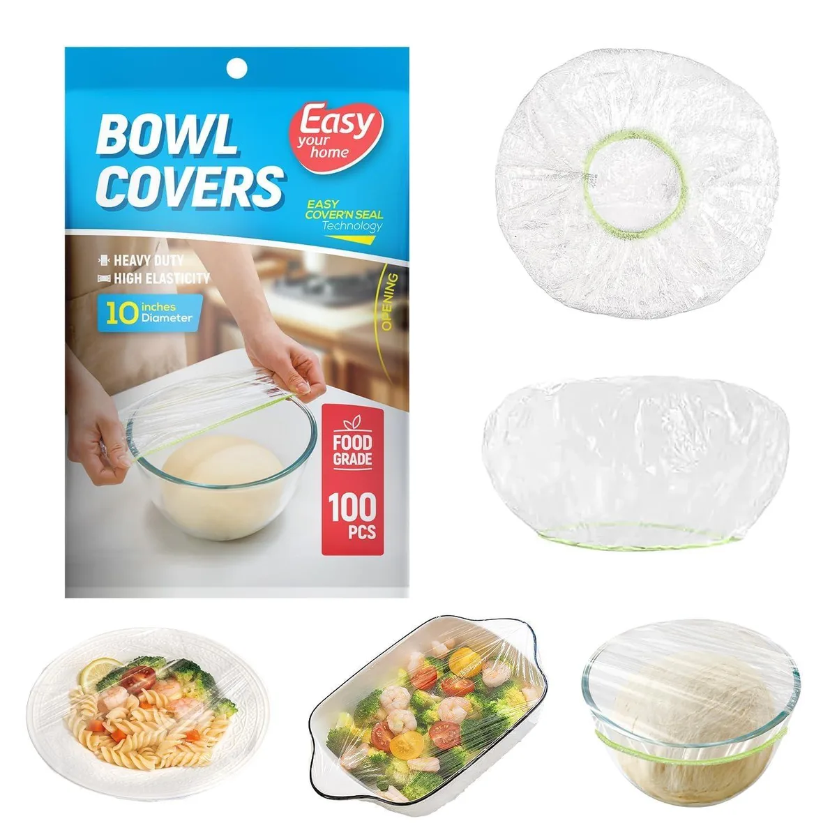 Pack of 100 clear elastic bowl covers, 10 inch size, stretchable to 14.6 inches