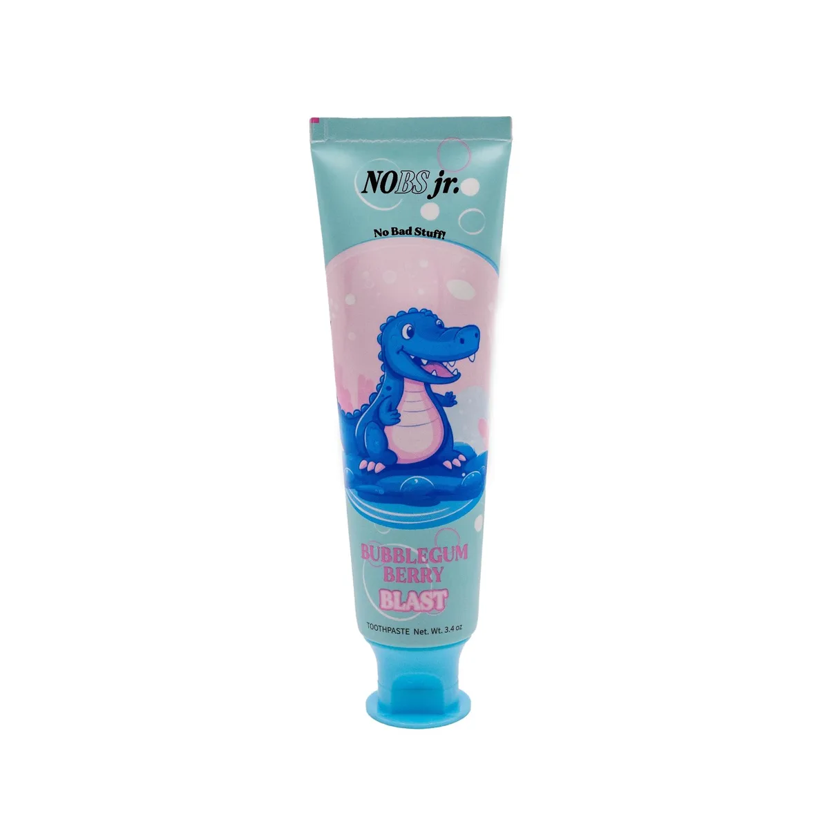 White squeeze tube with berry-coloured cap and playful labelling