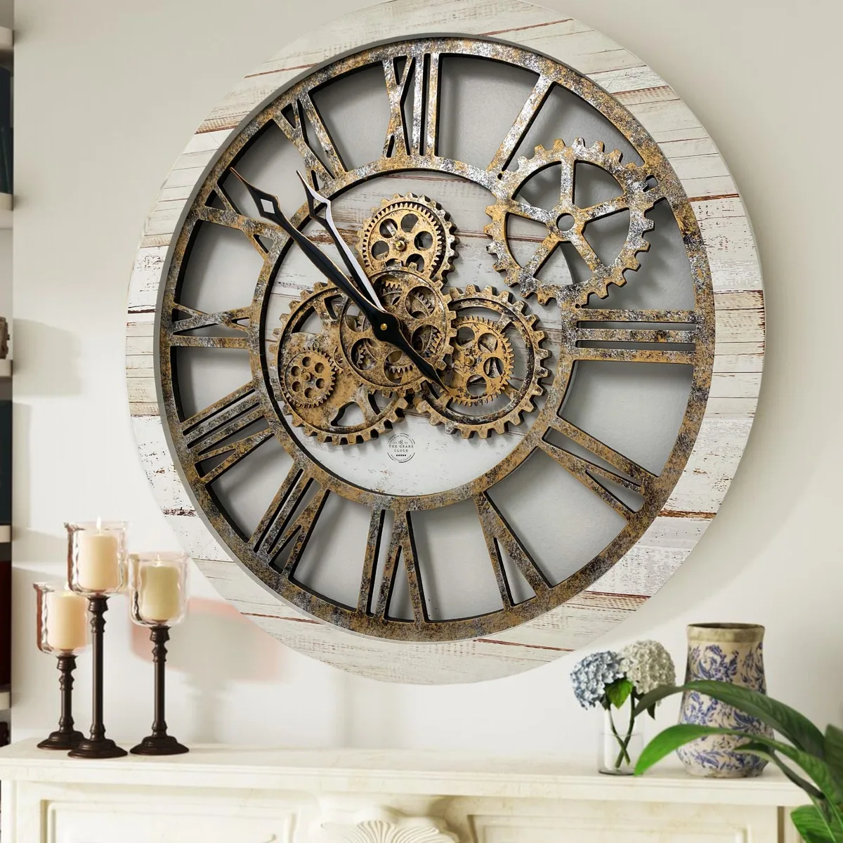 The Gears Clock The Gears Clock AMERICA 24 INCH ROUND Real Moving Gear Wall Clock Beige — product photo