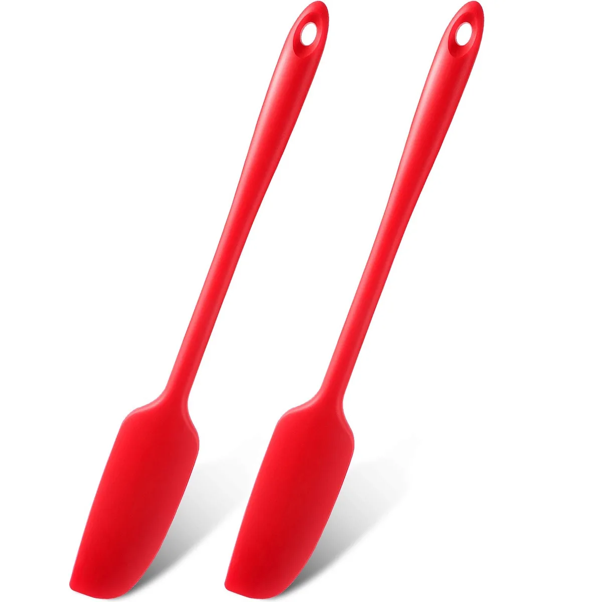 Two red silicone jar spatulas, long narrow heads, stainless steel cores, hanging holes