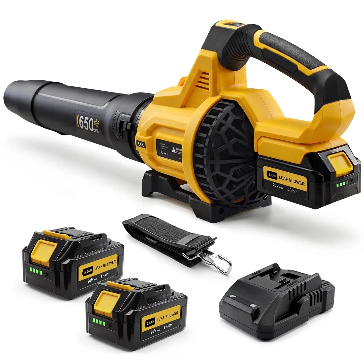 Cordless leaf blower with tube and nozzle, orange and black finish, two batteries and charger included