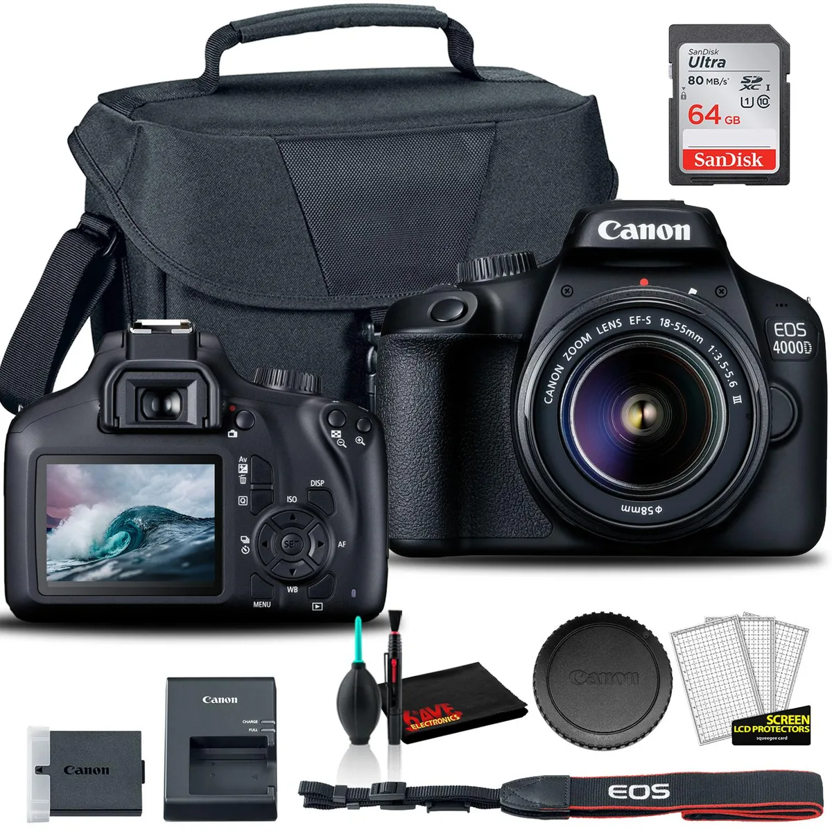 Canon Canon EOS 4000D DSLR Camera 18-55mm Lens + Bag + 64GB Card + Cleaning Set — product photo