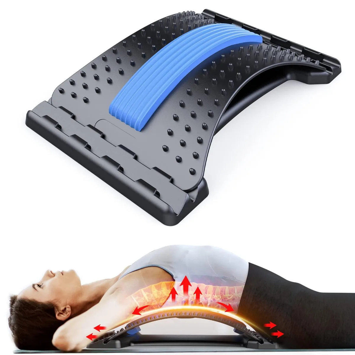 Black medium back stretcher with 102 acupressure contacts, adjustable arch design, supports 400 lb