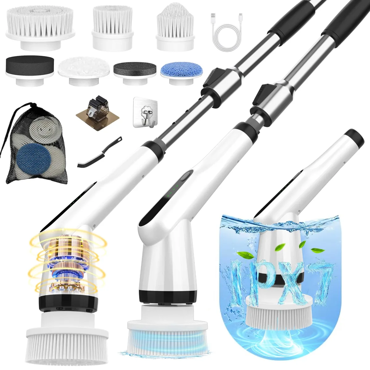 White electric spin scrubber with retractable 48 in handle and brush head
