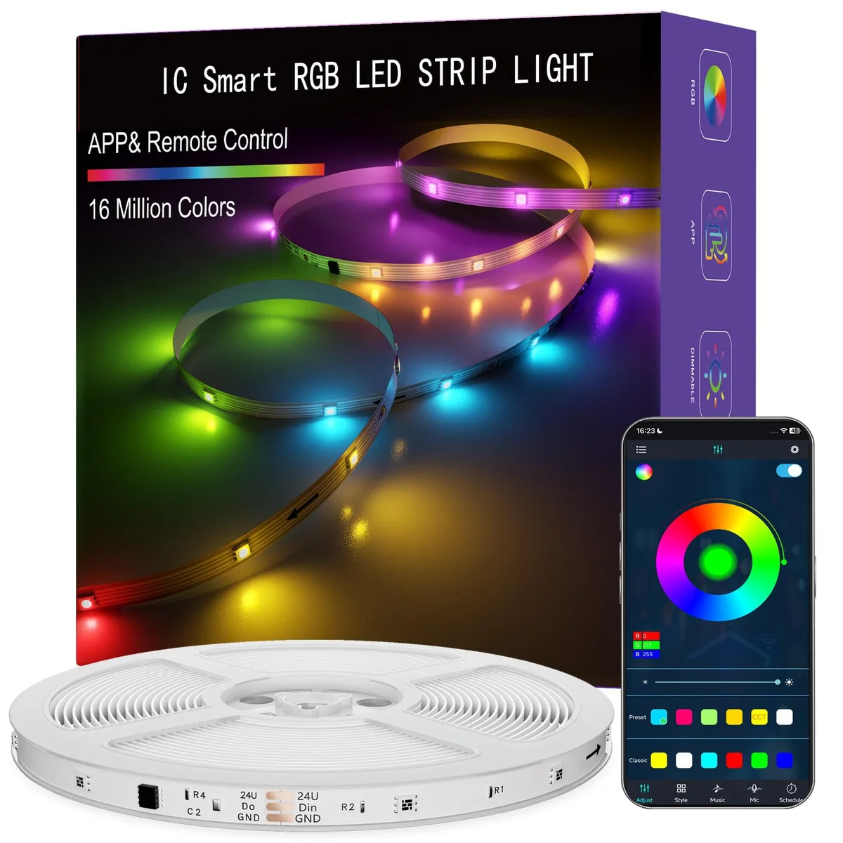 White LED strip light on a reel, 65.6 ft long, clear prismatic finish, indoor use