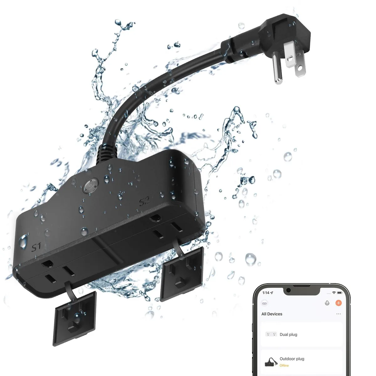 Black rectangular outdoor smart plug with two grounded sockets and hinged silicone covers, matte black finish, 6.3 by 4.3 by 2.3 inches