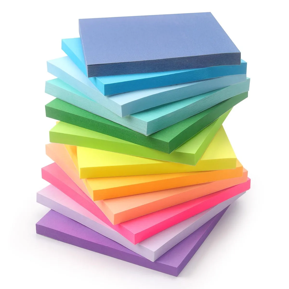 Twelve square pads in bright fluorescent colours, three by three inches, fifty sheets each