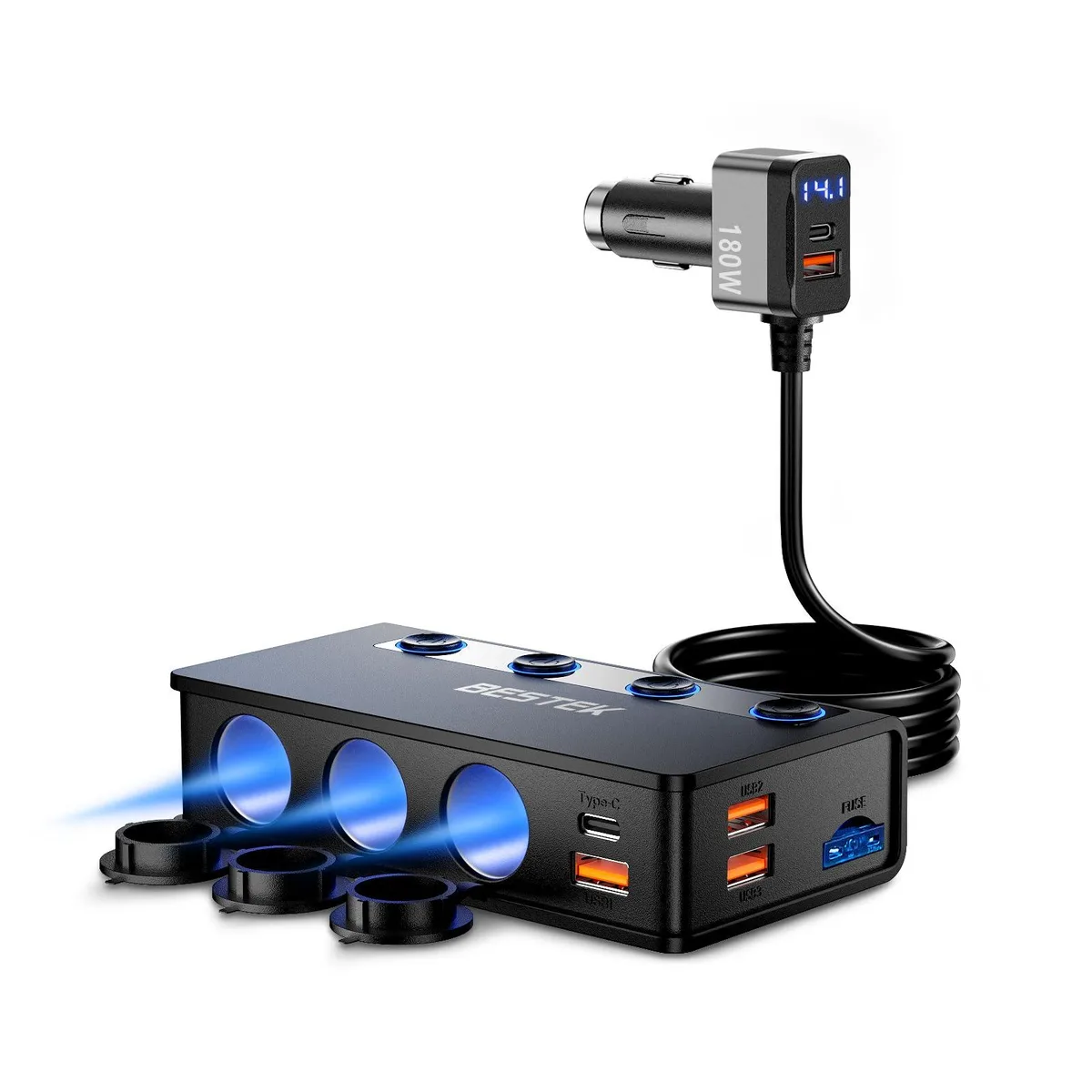BESTEK TR-51 180W Cigarette Lighter Splitter 3-Socket PD65W QC3.0 18W USB Charger — product photo