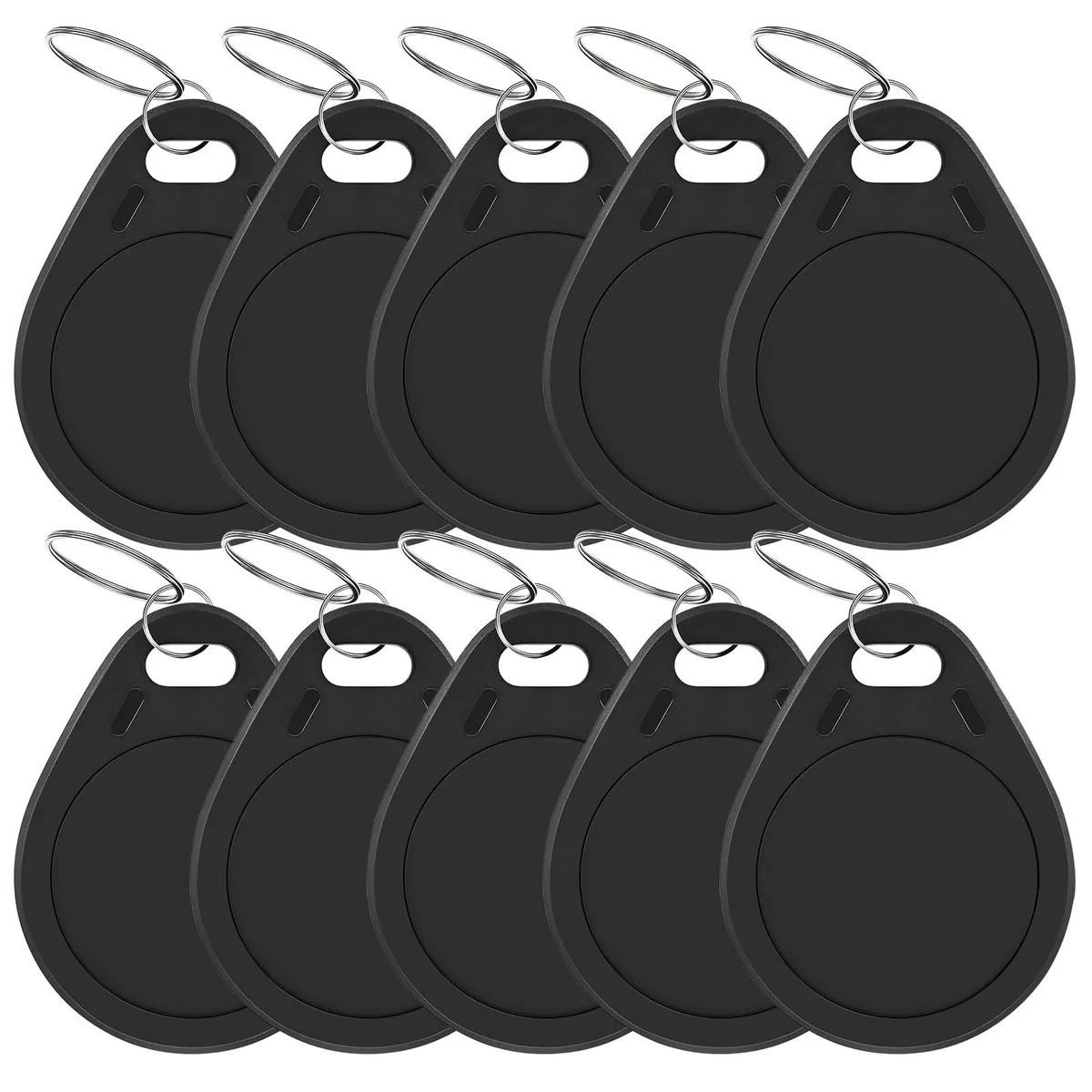 Ten black round RFID key fobs on metal rings