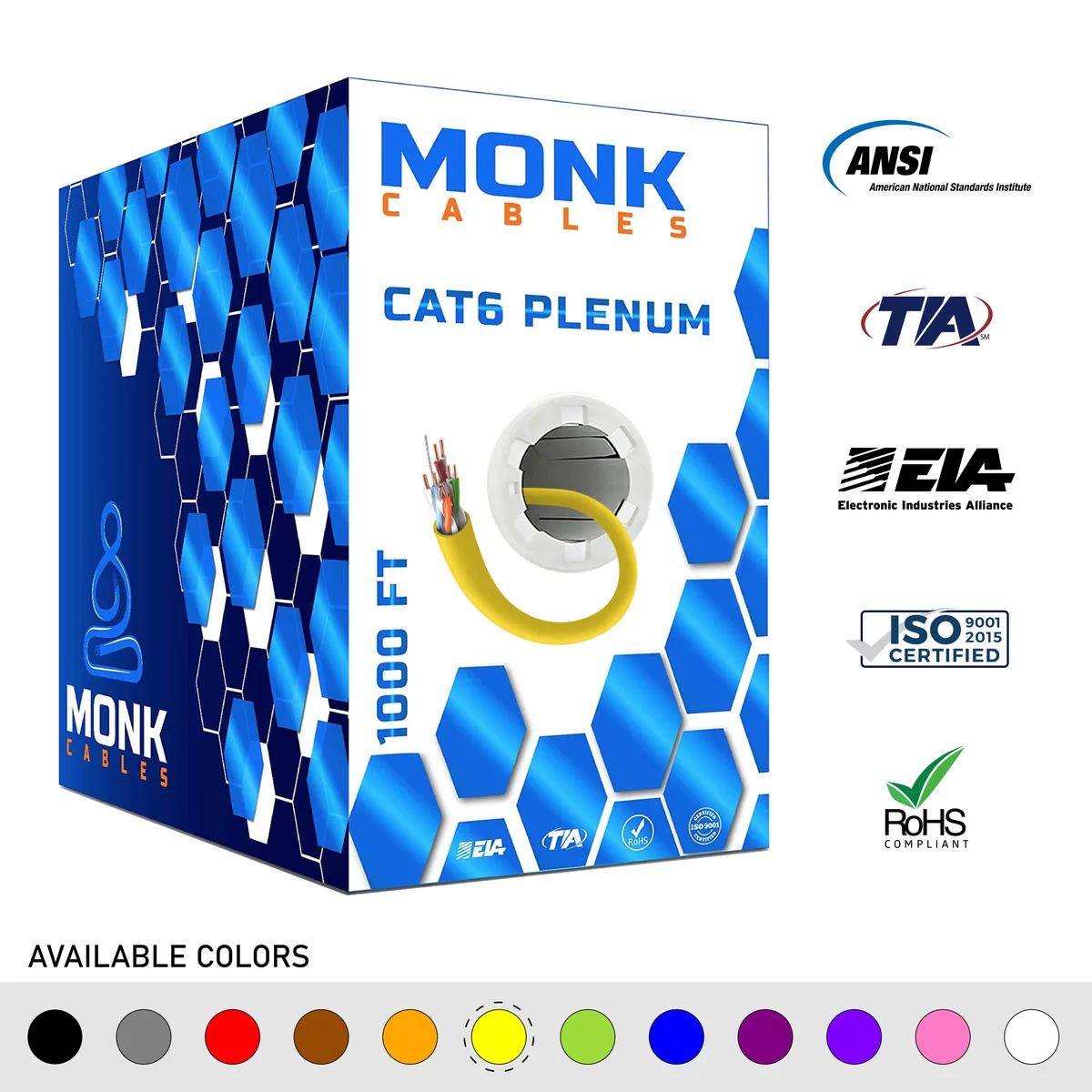 Monk Cables Monk Cables CAT6 Plenum 1000ft Yellow 23AWG 550MHz UTP network ethernet cable — product photo