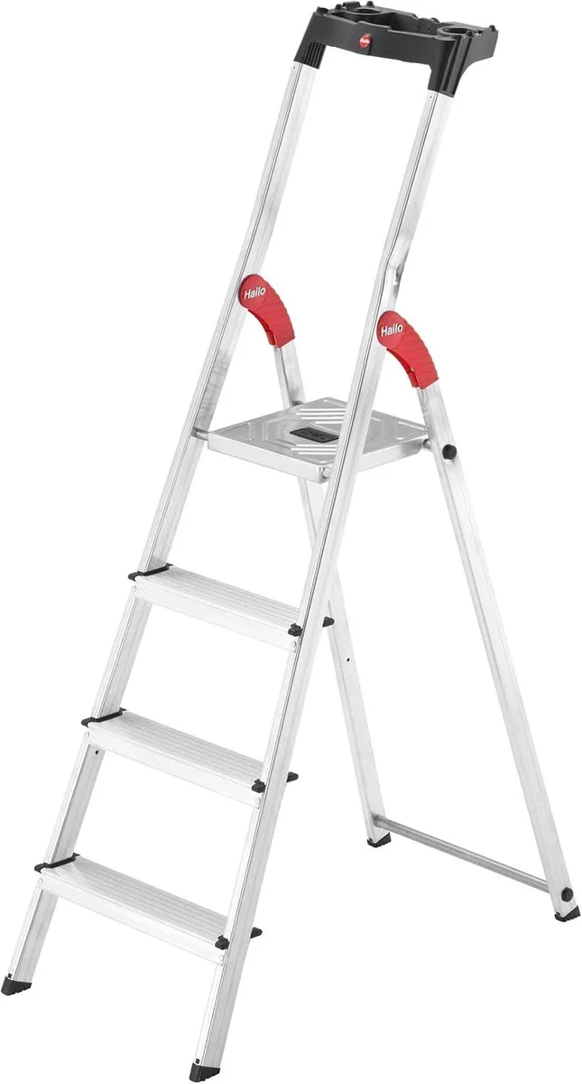 Silver aluminium four-step ladder with wide ribbed treads and top tool tray