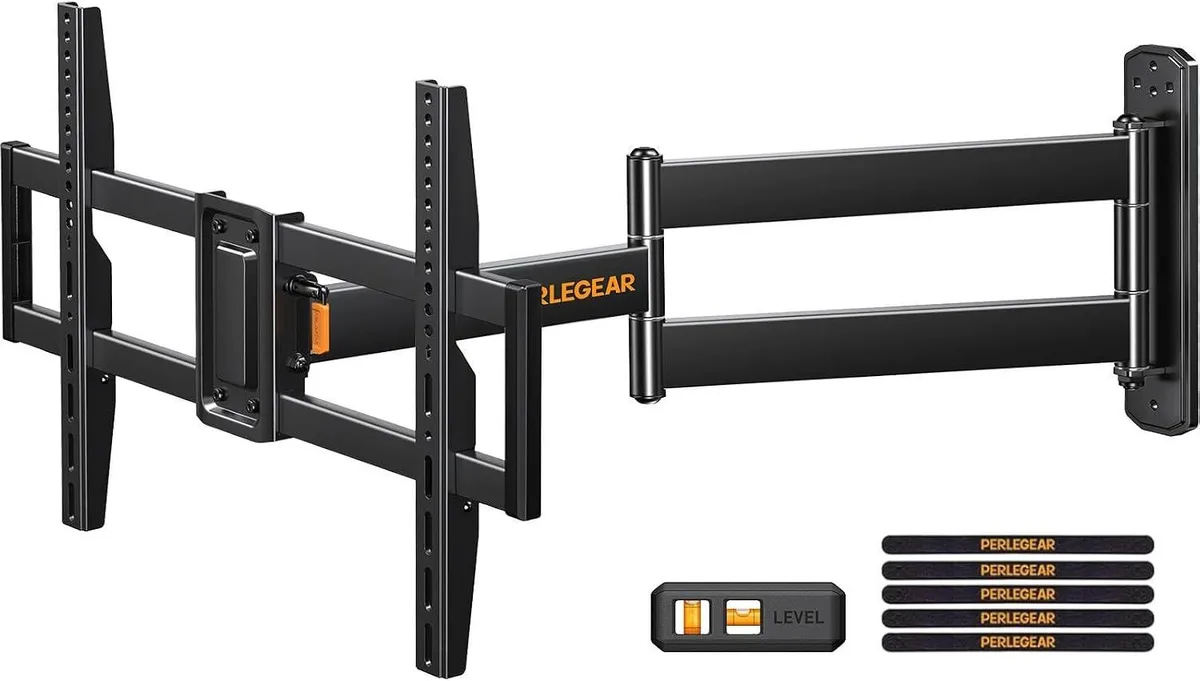Black metal corner TV wall mount with long articulated arm extended showing swivel joints and VESA plate