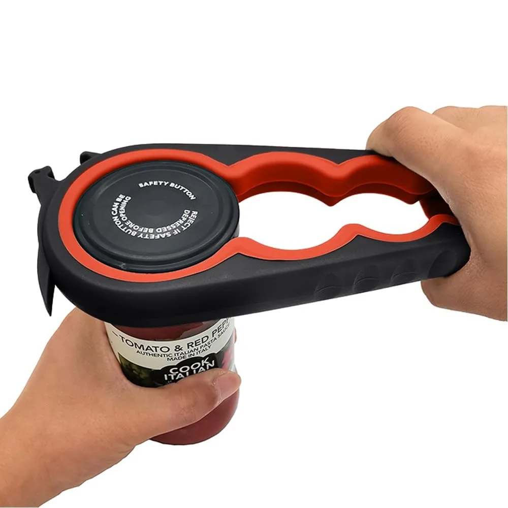 Black plastic jar and bottle opener with circular openings and hook, 3.54 inches square by 9 inches tall