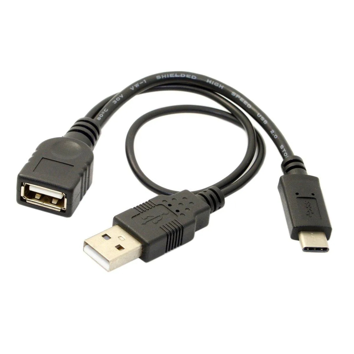 Black USB-C to USB-A female OTG cable with extra power lead coiled flat