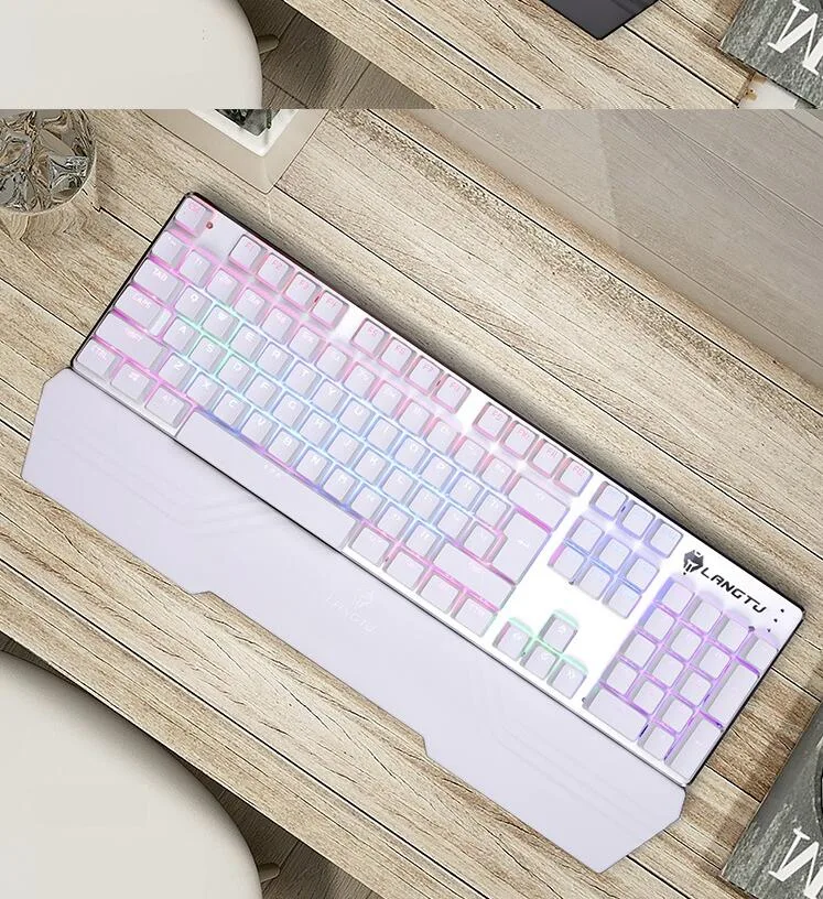 White full-size mechanical keyboard with magnetic palm rest and red linear switches