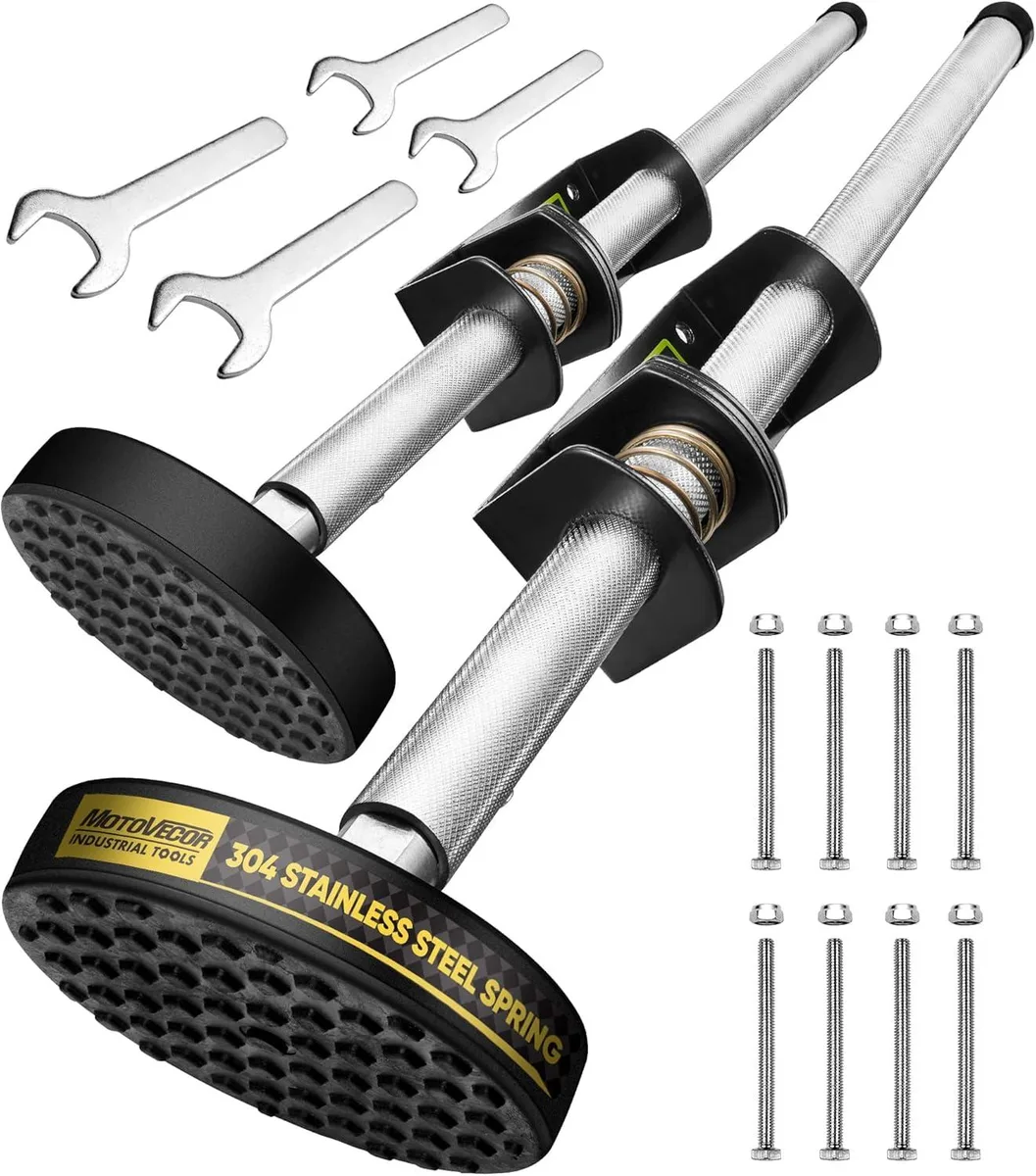 Pair of metal ladder levelers with adjustable rubber feet and engraved poles