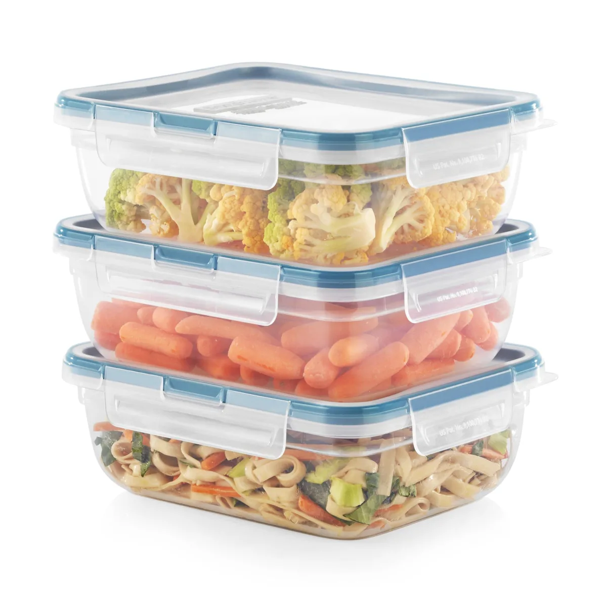 Three red rectangular plastic containers with locking lids