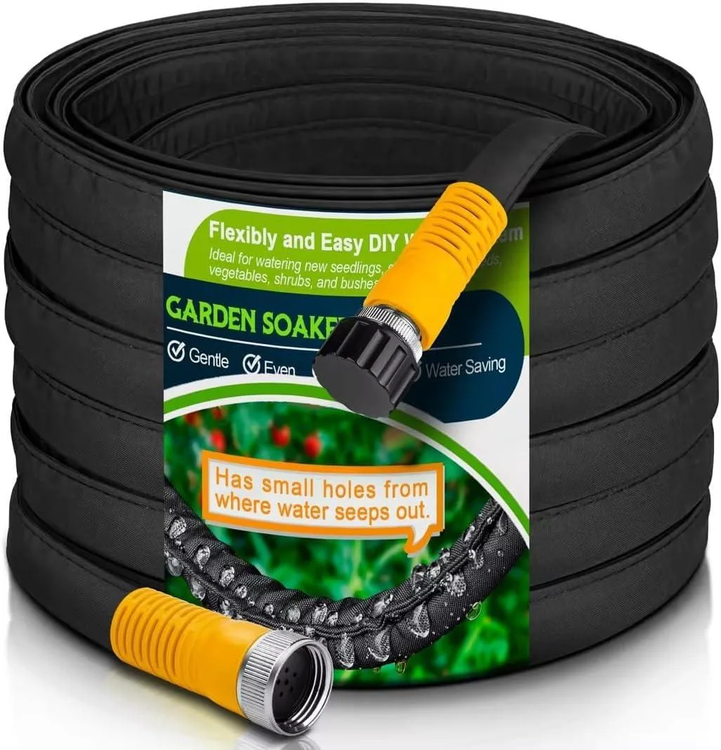 Flat green soaker hose coiled, woven nylon cover, 100FT length