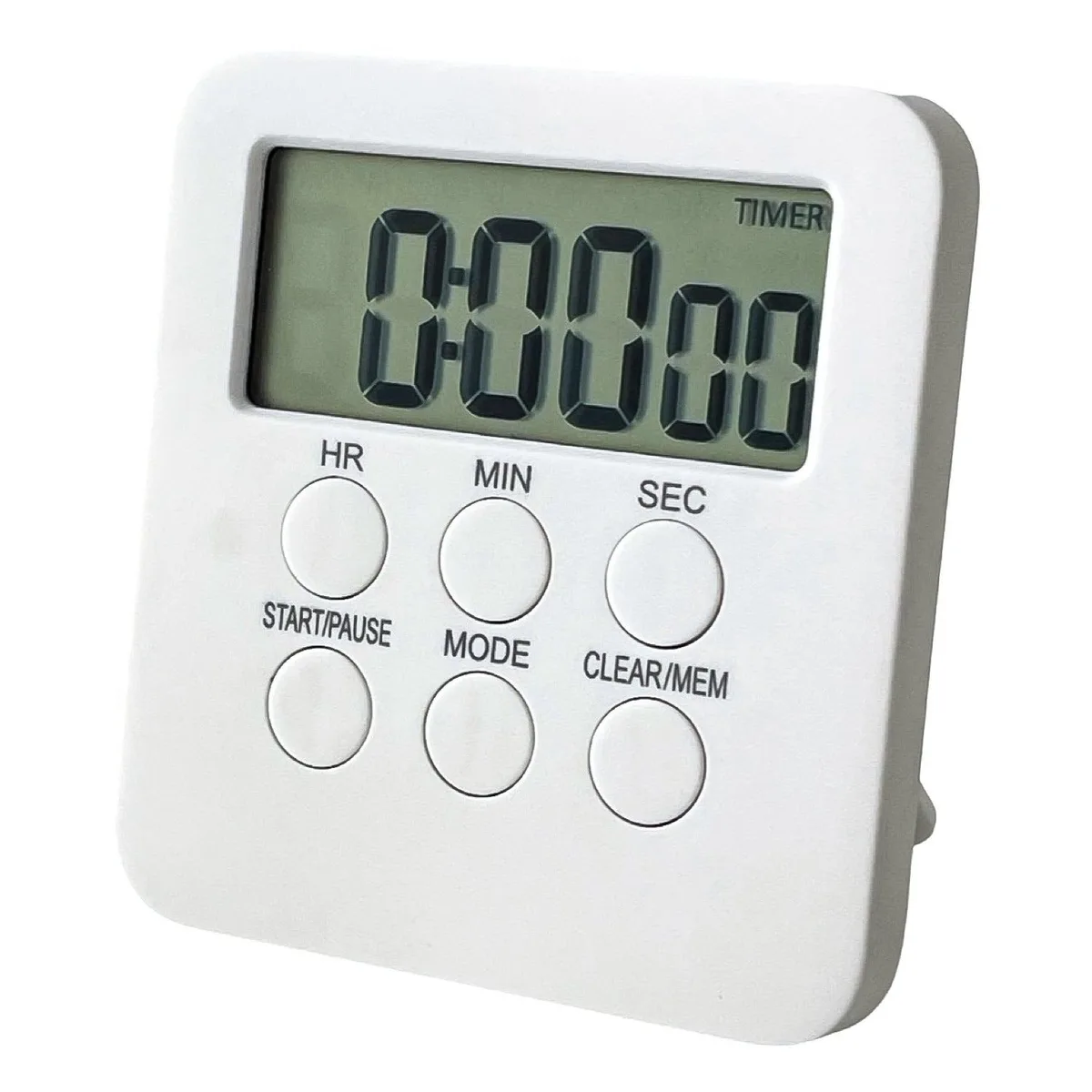 Small white square digital timer with magnetic back and fold-out stand, about three inches wide
